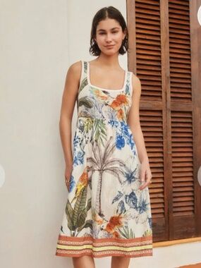 NEXT US Ecru Parrot Print Jersey Midi Summer Dress Size 6 NWT 100% Cotton